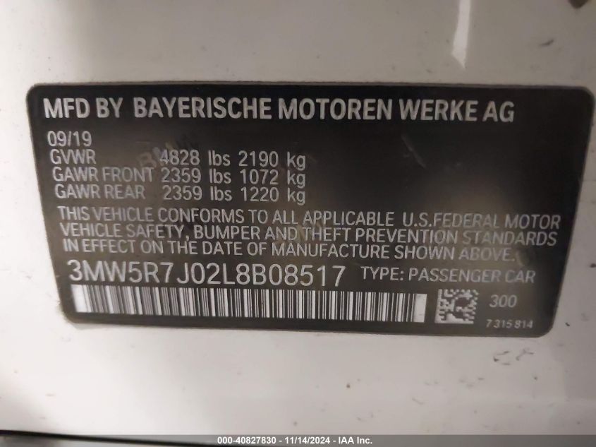 2020 BMW 330I xDrive VIN: 3MW5R7J02L8B08517 Lot: 40827830