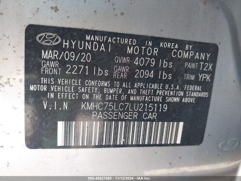 2020 Hyundai Ioniq Hybrid Se VIN: KMHC75LC7LU215119 Lot: 40827850