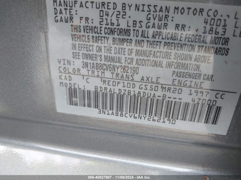 2022 Nissan Sentra Sv Xtronic Cvt VIN: 3N1AB8CV6NY262190 Lot: 40827907