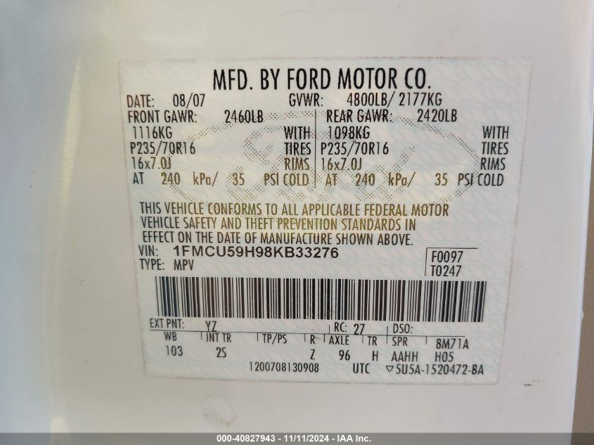 2008 Ford Escape Hybrid VIN: 1FMCU59H98KB33276 Lot: 40827943