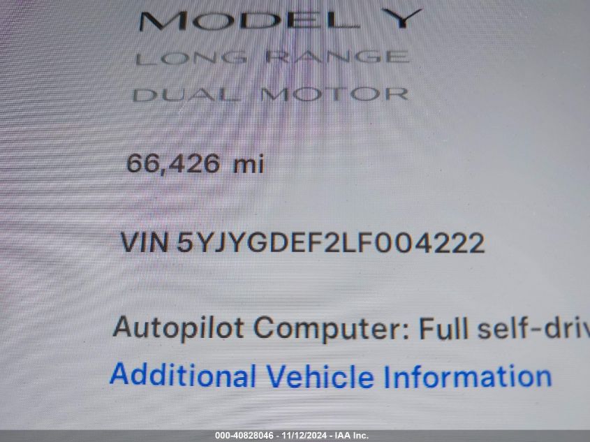 2020 Tesla Model Y Long Range Dual Motor All-Wheel Drive/Performance Dual Motor All-Wheel Drive VIN: 5YJYGDEF2LF004222 Lot: 40828046