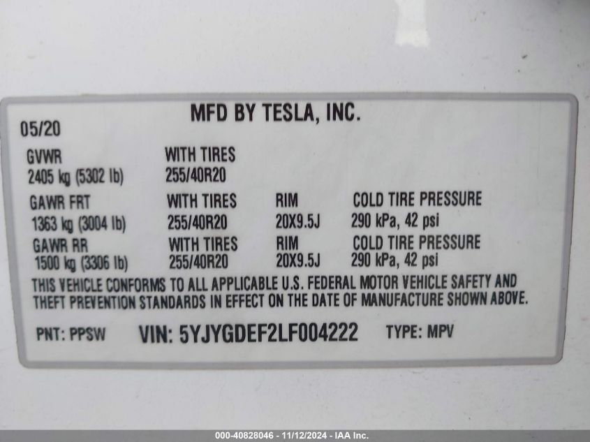 2020 TESLA MODEL Y LONG RANGE DUAL MOTOR ALL-WHEEL DRIVE/PERFORMANCE DUAL MOTOR ALL-WHEEL DRIVE - 5YJYGDEF2LF004222