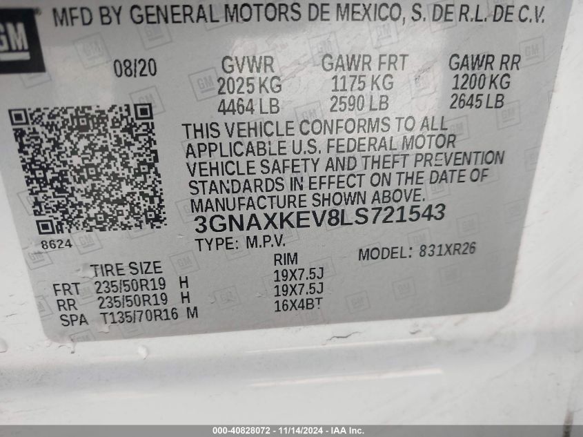 2020 Chevrolet Equinox Fwd Lt 1.5L Turbo VIN: 3GNAXKEV8LS721543 Lot: 40828072