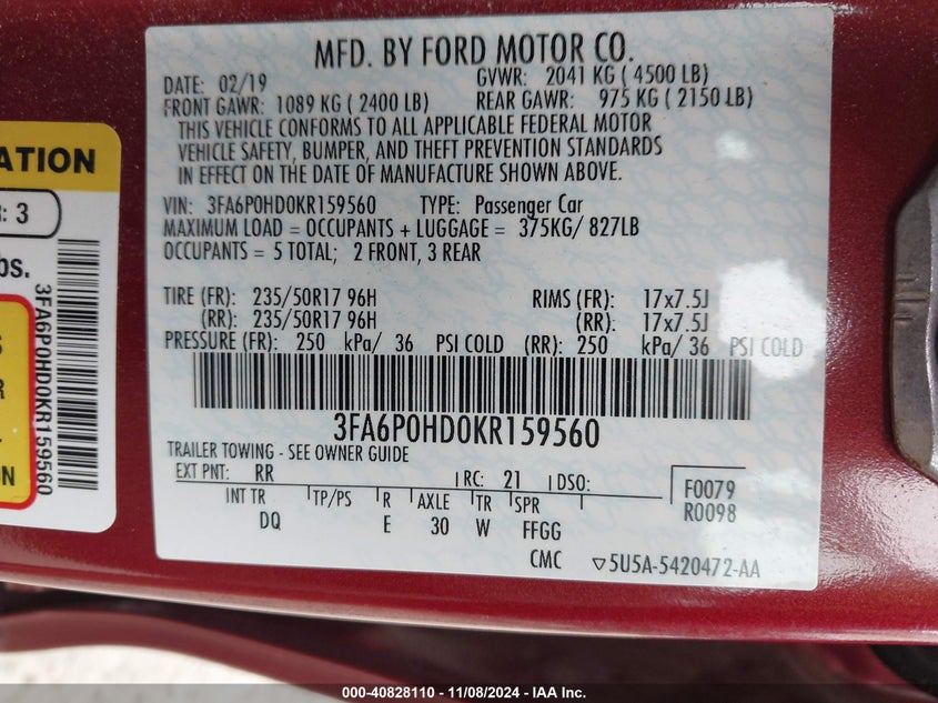 2019 FORD FUSION SE VIN: 3FA6P0HD0KR159560