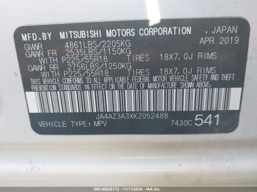 2019 Mitsubishi Outlander Se VIN: JA4AZ3A3XKZ052488 Lot: 40828172