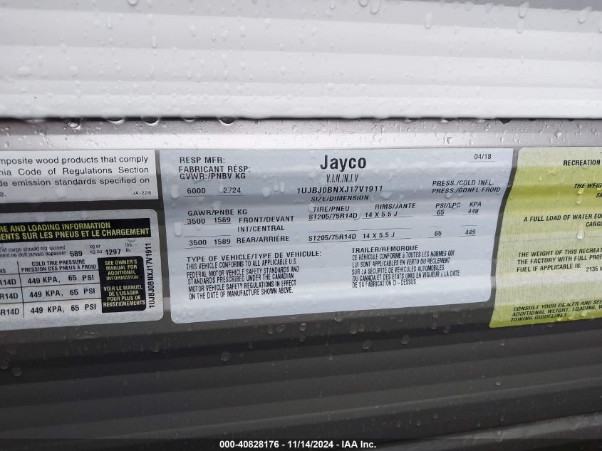 2018 Jayco Jayfl184Bh VIN: 1UJBJ0BNXJ17V1911 Lot: 40828176