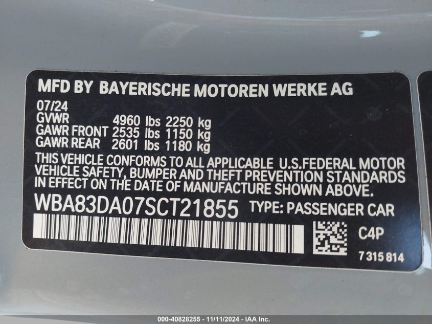 2025 BMW M440I xDrive VIN: WBA83DA07SCT21855 Lot: 40828255