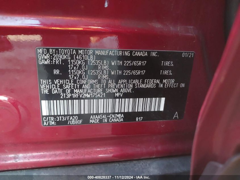 2021 Toyota Rav4 Xle VIN: 2T3P1RFV2MW175421 Lot: 40828337