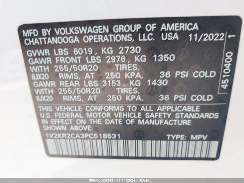 2023 Volkswagen Atlas 3.6L V6 Se W/Technology VIN: 1V2KR2CA3PC518531 Lot: 40828343