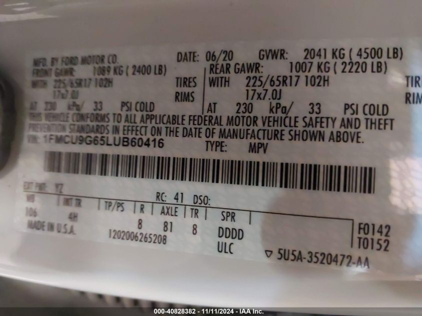 VIN 1FMCU9G65LUB60416 2020 FORD ESCAPE SE