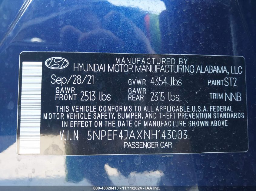 2022 Hyundai Sonata Sel VIN: 5NPEF4JAXNH143003 Lot: 40828410