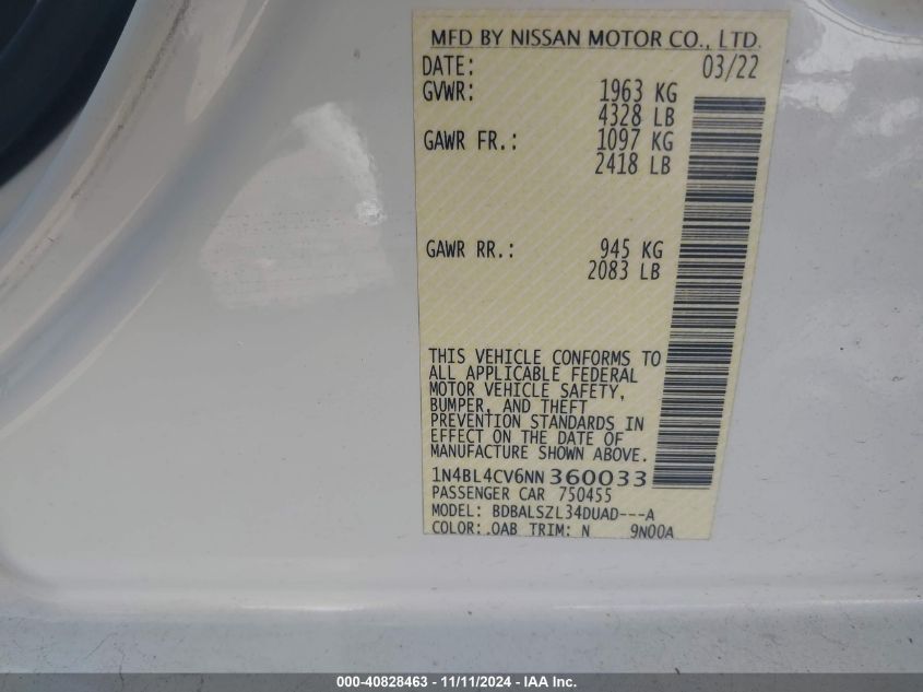 2022 NISSAN ALTIMA VIN: 1N4BL4CV6NN360033