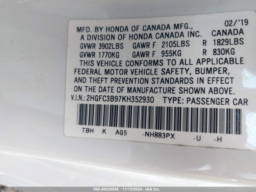 VIN 2HGFC3B97KH352930 2019 HONDA CIVIC TOURING