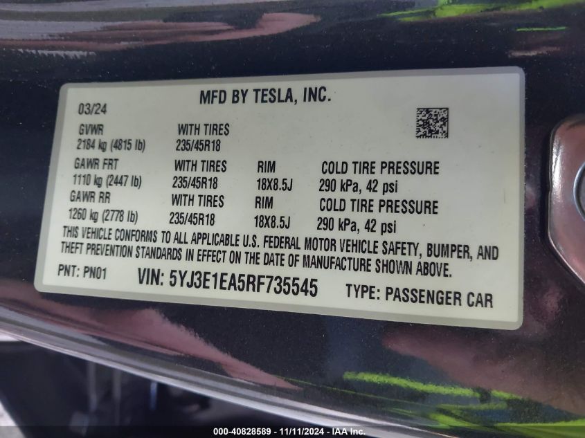 2024 Tesla Model 3 VIN: 5YJ3E1EA5RF735545 Lot: 40828589