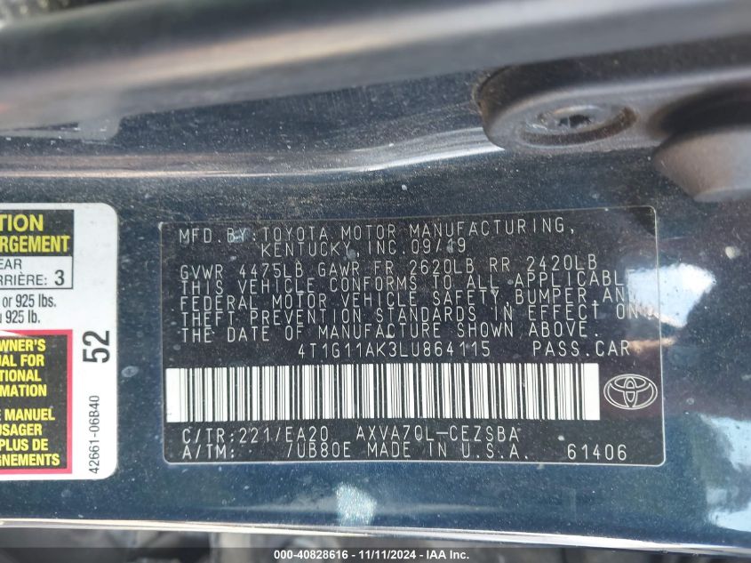 2020 TOYOTA CAMRY VIN: 4T1G11AK3LU864115
