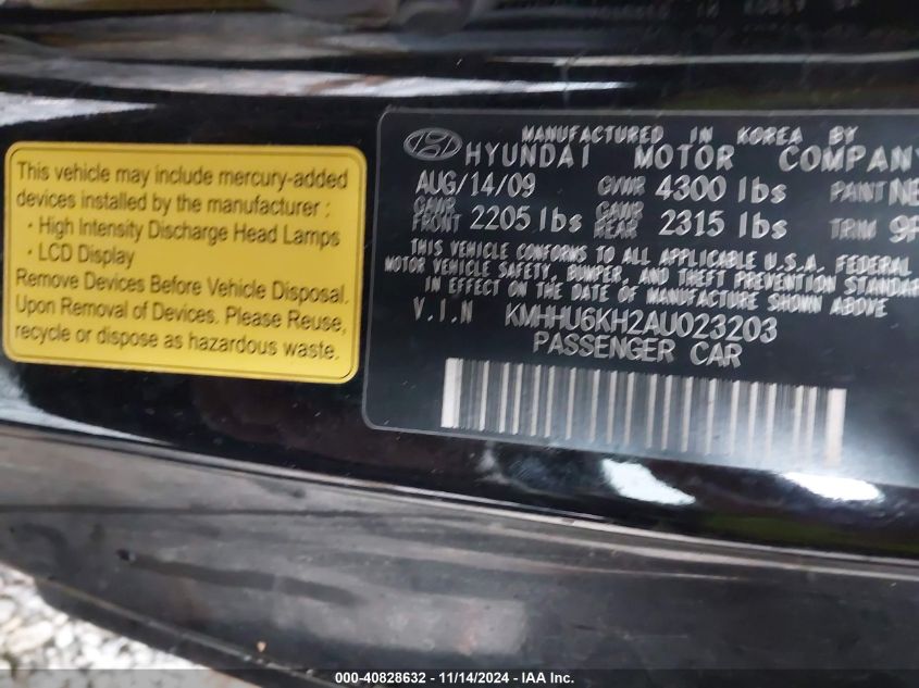 2010 Hyundai Genesis 3.8 Track VIN: KMHHU6KH2AU023203 Lot: 40828632