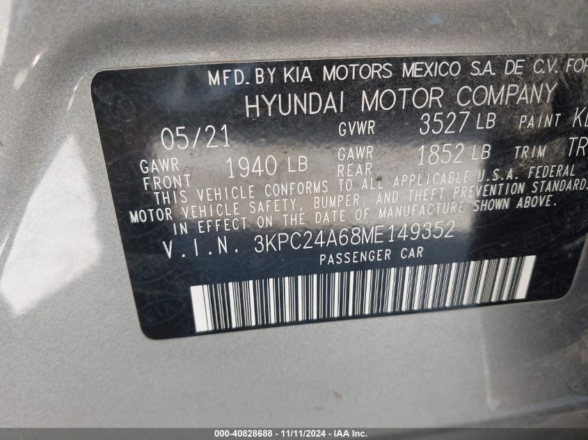 2021 Hyundai Accent Se VIN: 3KPC24A68ME149352 Lot: 40828688