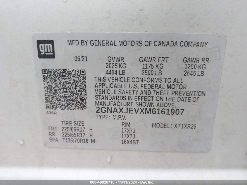 2021 Chevrolet Equinox Fwd 2Fl VIN: 2GNAXJEVXM6161907 Lot: 40828718