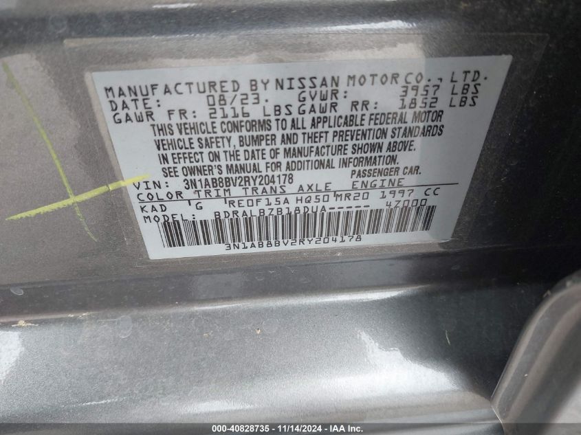 2024 Nissan Sentra S Xtronic Cvt VIN: 3N1AB8BV2RY204178 Lot: 40828735