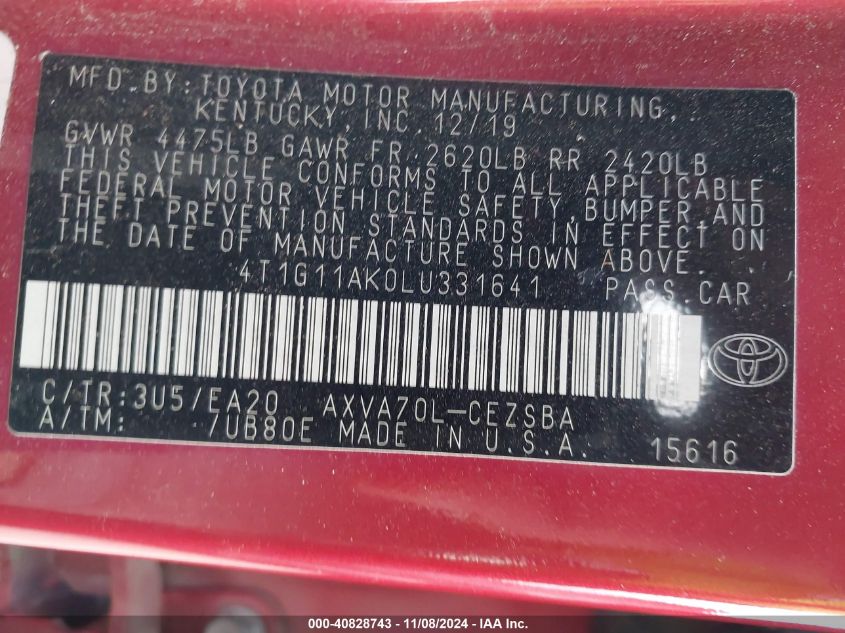 2020 TOYOTA CAMRY VIN: 4T1G11AK0LU331641