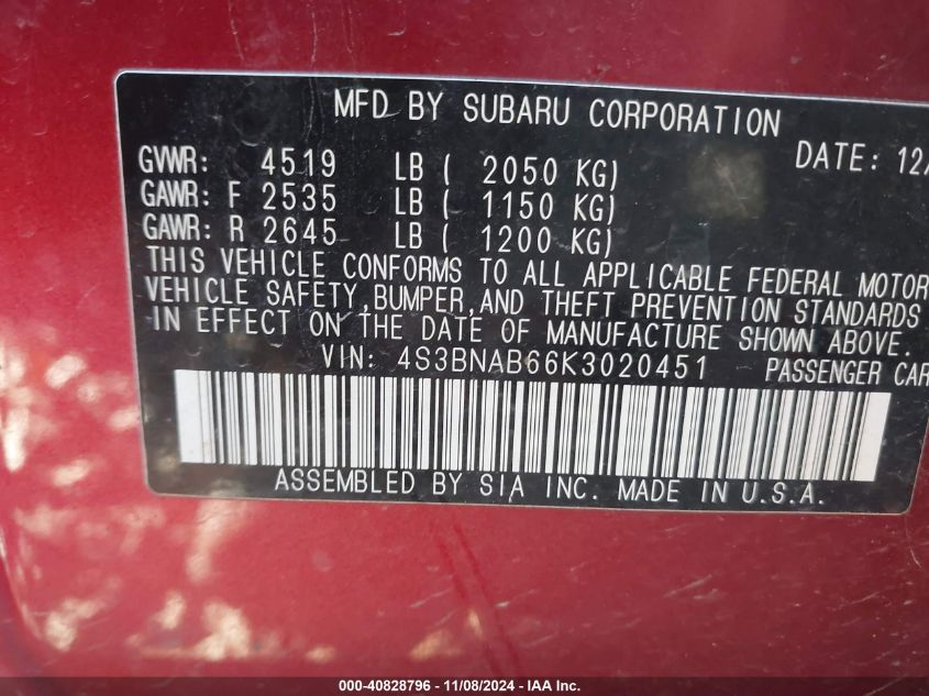 VIN 4S3BNAB66K3020451 2019 Subaru Legacy, 2.5I no.9