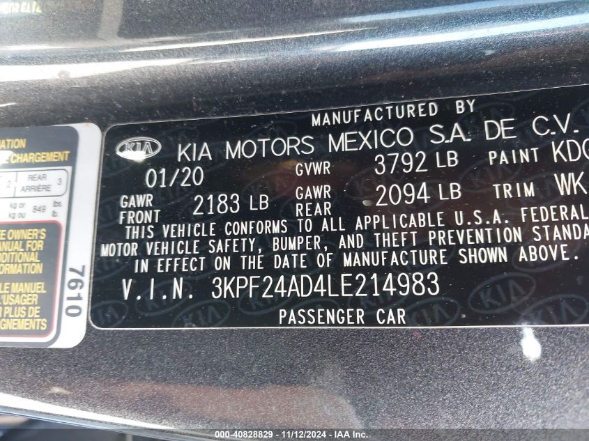 2020 Kia Forte Lxs VIN: 3KPF24AD4LE214983 Lot: 40828829