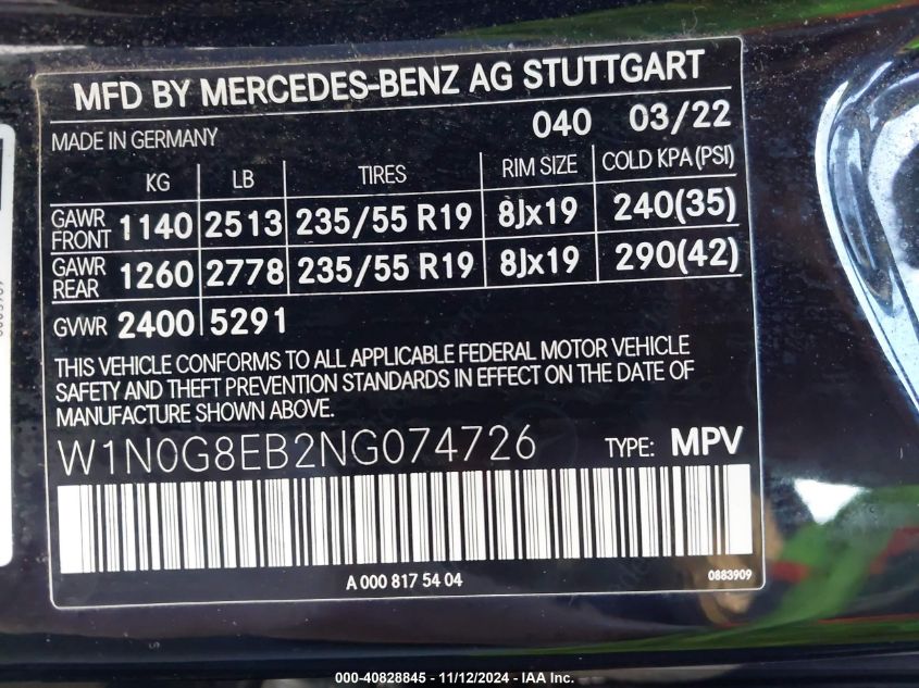 2022 Mercedes-Benz Glc 300 4Matic Suv VIN: W1N0G8EB2NG074726 Lot: 40828845