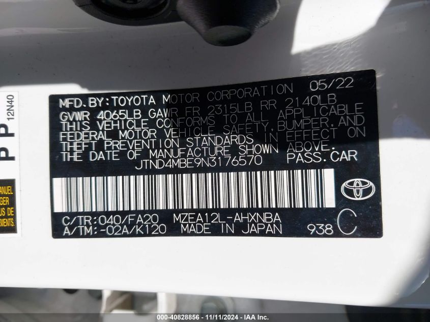 2022 Toyota Corolla Se/Xse/Night Shade VIN: JTND4MBE9N3176570 Lot: 40828856