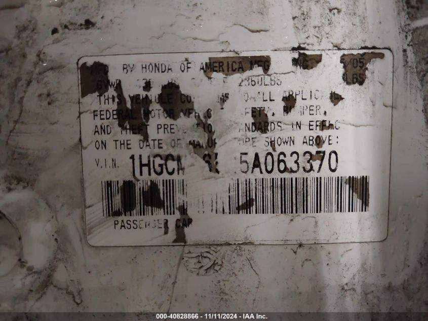 2005 Honda Accord 3.0 Ex VIN: 1HGCM66525A063370 Lot: 40828866
