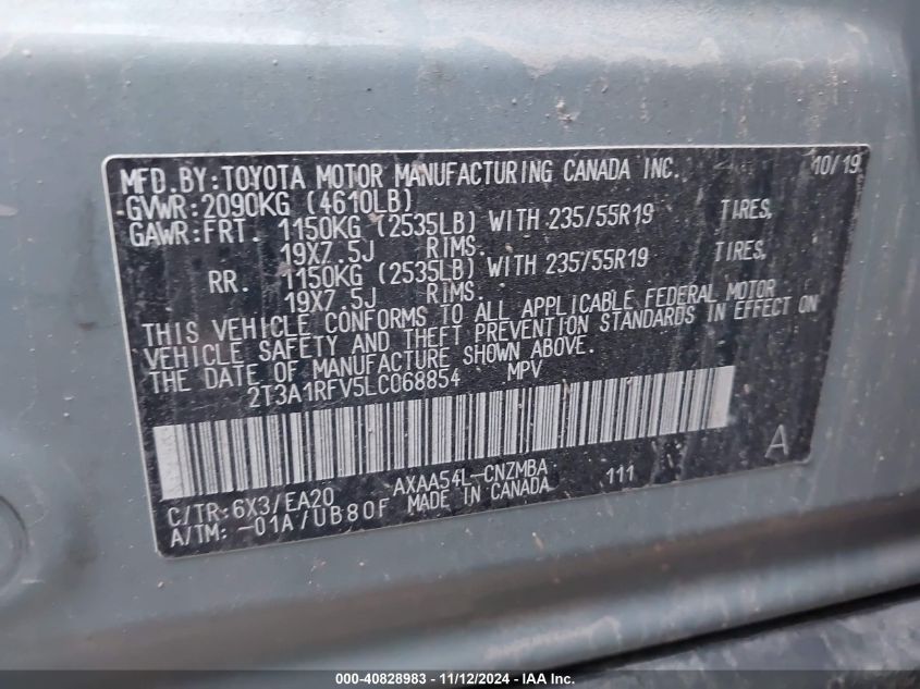 2020 Toyota Rav4 Xle Premium VIN: 2T3A1RFV5LC068854 Lot: 40828983