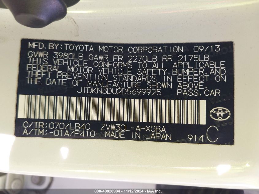 2013 Toyota Prius Four VIN: JTDKN3DU2D5699925 Lot: 40828984