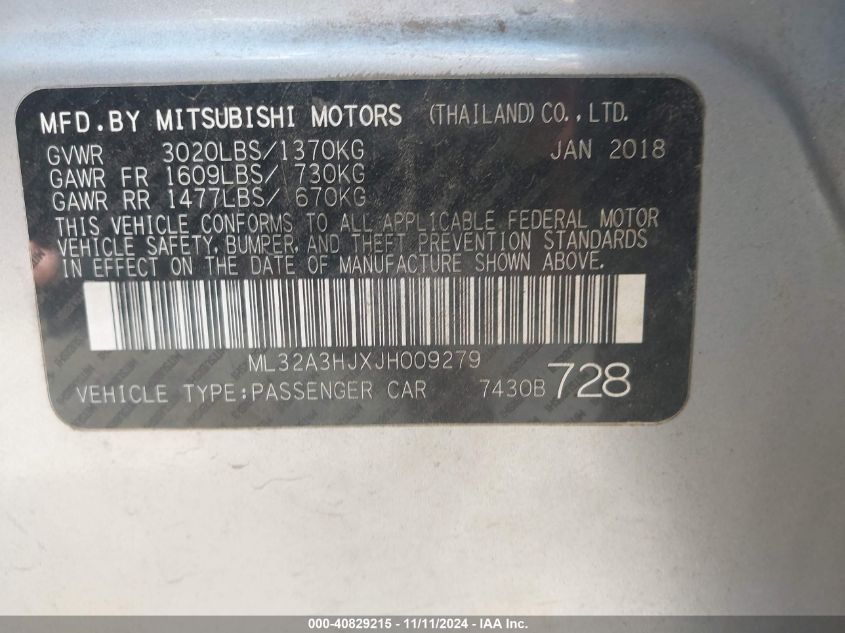 2018 Mitsubishi Mirage Es VIN: ML32A3HJXJH009279 Lot: 40829215