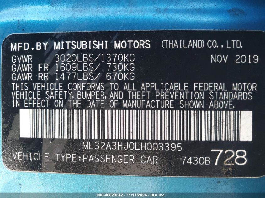 2020 Mitsubishi Mirage Es/Se VIN: ML32A3HJ0LH003395 Lot: 40829242