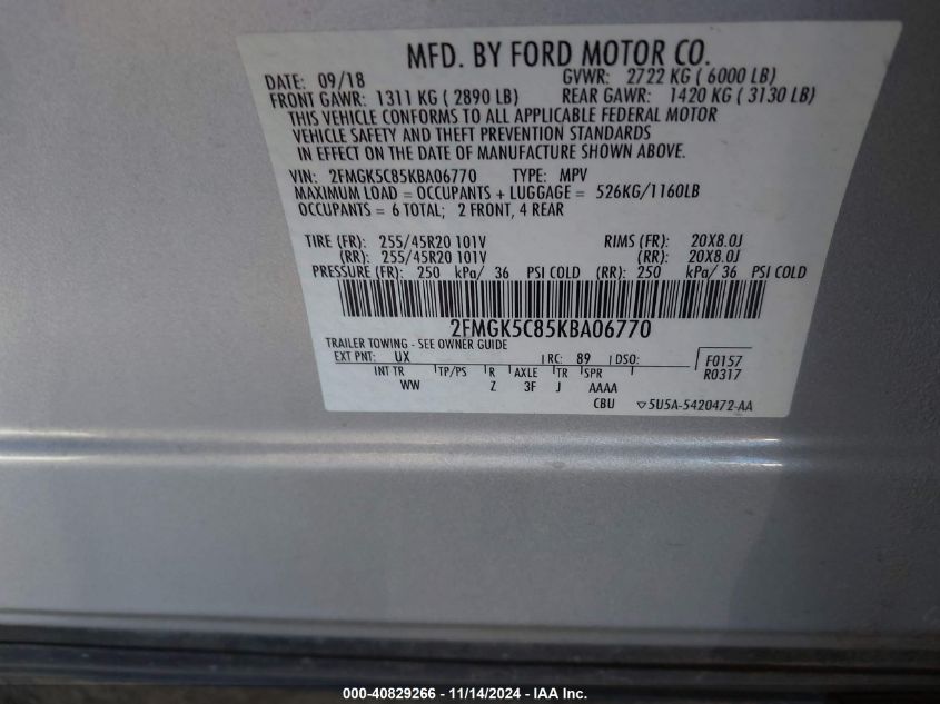 2019 Ford Flex Sel VIN: 2FMGK5C85KBA06770 Lot: 40829266