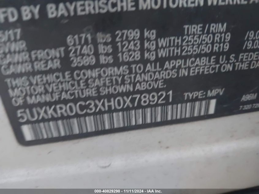 VIN 5UXKR0C3XH0X78921 2017 BMW X5, Xdrive35I no.9