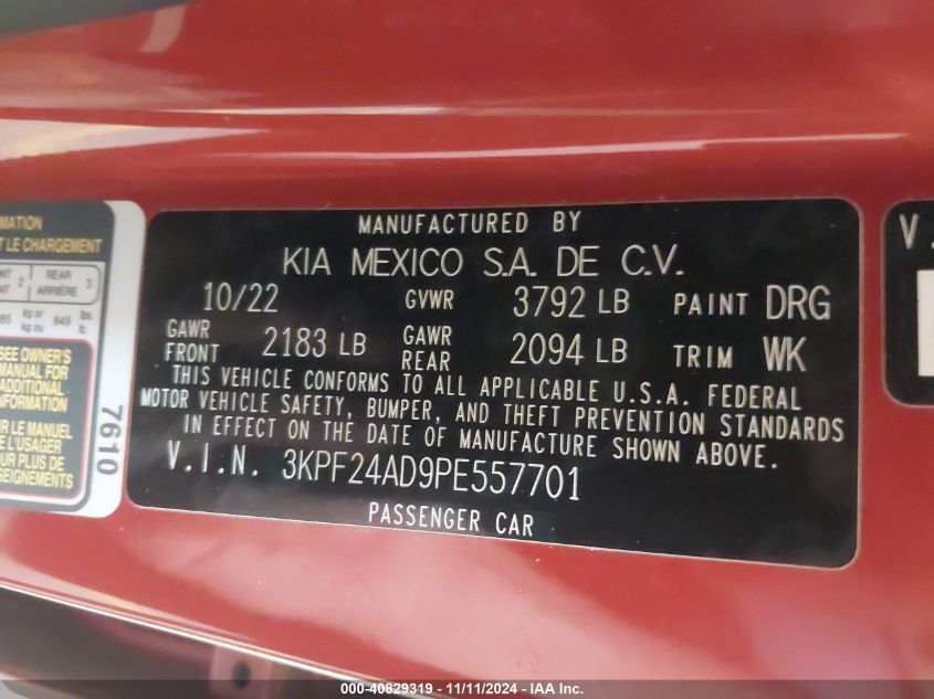 2023 Kia Forte Lxs VIN: 3KPF24AD9PE557701 Lot: 40829319