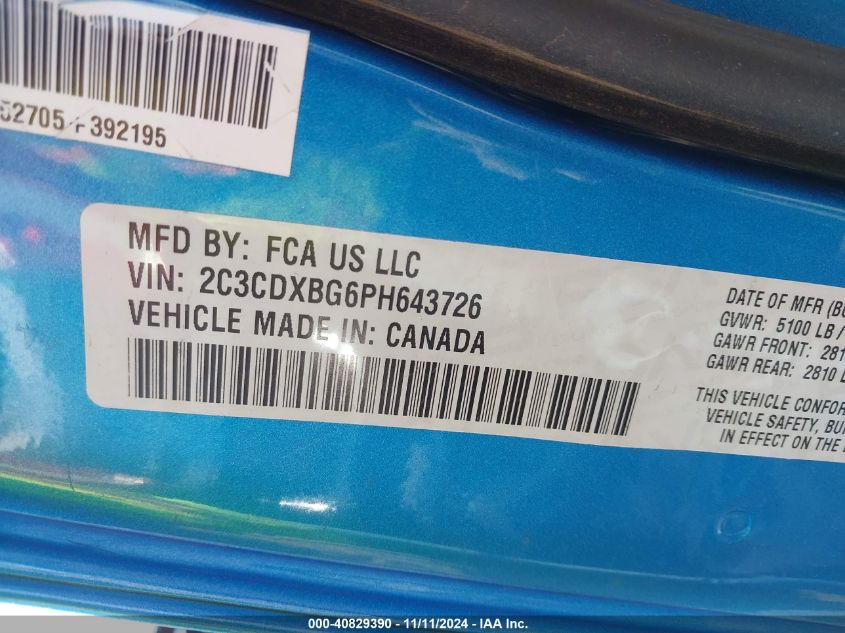 2023 Dodge Charger Sxt VIN: 2C3CDXBG6PH643726 Lot: 40829390