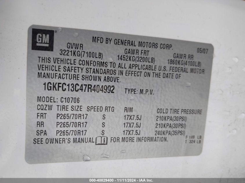 2007 GMC Yukon Commercial Fleet VIN: 1GKFC13C47R404992 Lot: 40829400