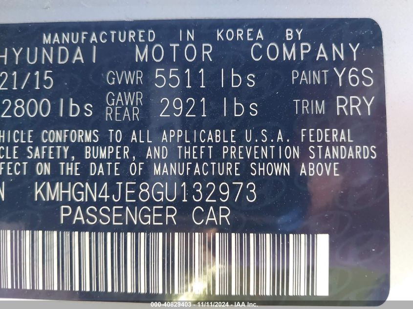 Auction sale of the 2016 Hyundai Genesis , vin: KMHGN4JE8GU132973, lot number: 40829403