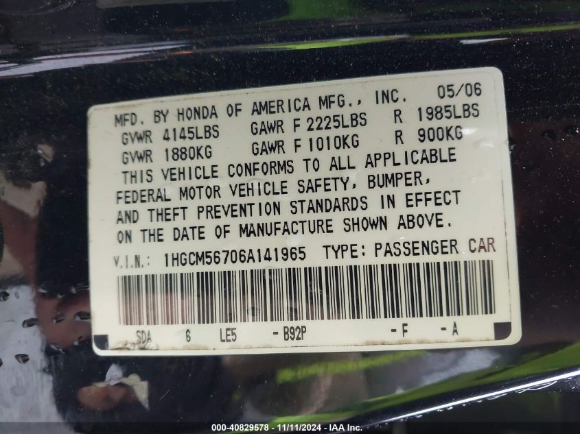 2006 Honda Accord 2.4 Ex VIN: 1HGCM56706A141965 Lot: 40829578