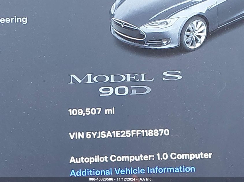 2015 Tesla Model S 70D/85D/P85D VIN: 5YJSA1E25FF118870 Lot: 40829586