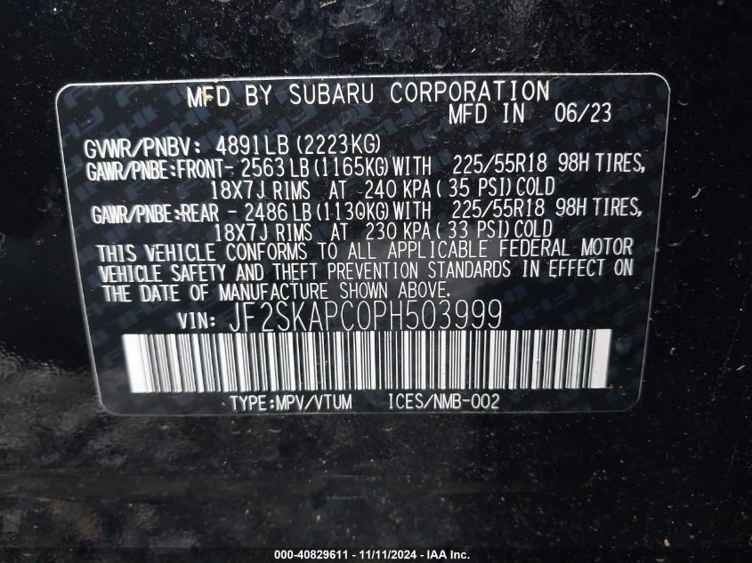 2023 Subaru Forester Limited VIN: JF2SKAPC0PH503999 Lot: 40829611