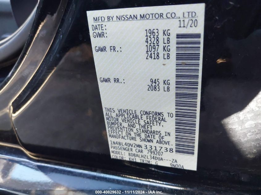 2021 Nissan Altima Sv VIN: 1N4BL4DV2MN331738 Lot: 40829632