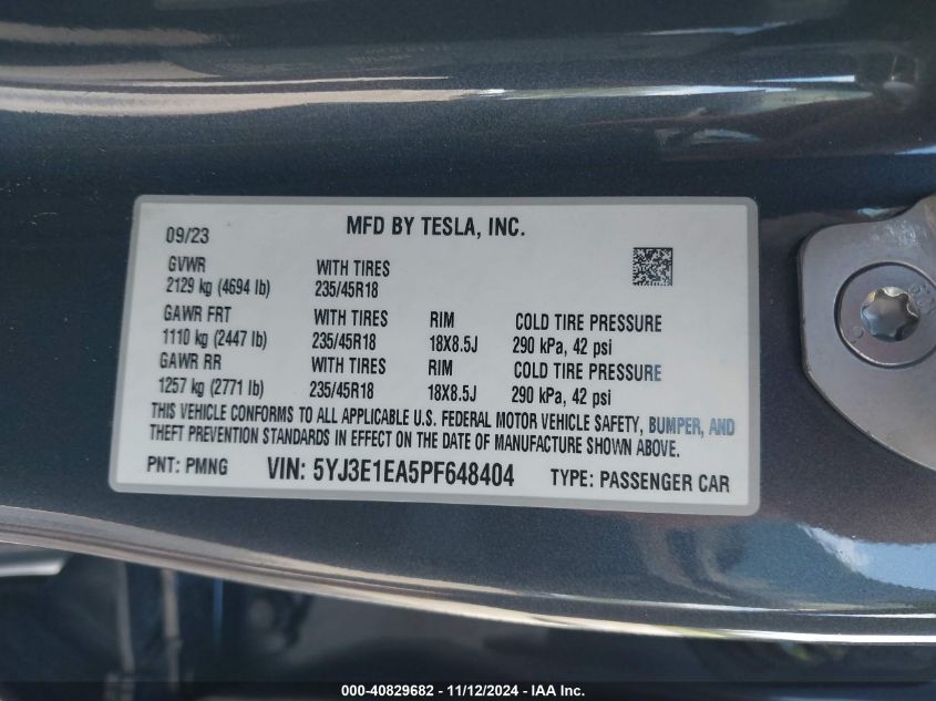 2023 Tesla Model 3 Rear-Wheel Drive VIN: 5YJ3E1EA5PF648404 Lot: 40829682