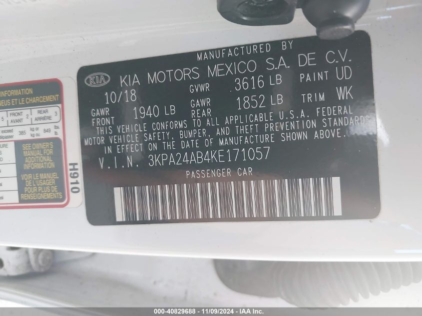 2019 Kia Rio S VIN: 3KPA24AB4KE171057 Lot: 40829688