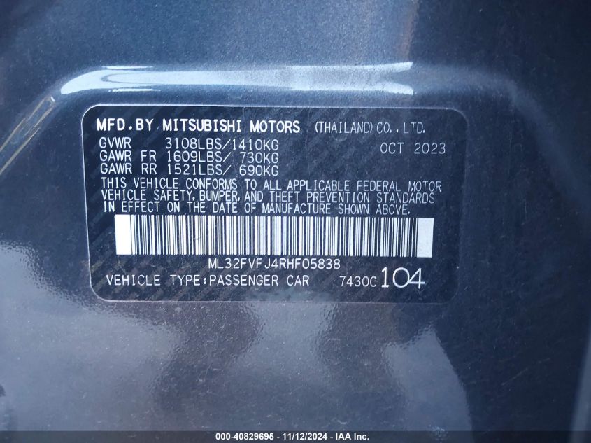 2024 Mitsubishi Mirage G4 Se VIN: ML32FVFJ4RHF05838 Lot: 40829695