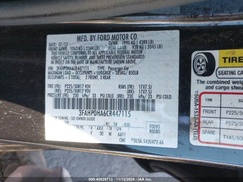 2012 Ford Fusion Se VIN: 3FAHP0HA6CR447115 Lot: 40829713