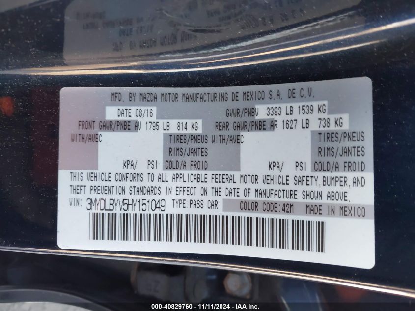 VIN 3MYDLBYV5HY151049 2017 TOYOTA YARIS IA