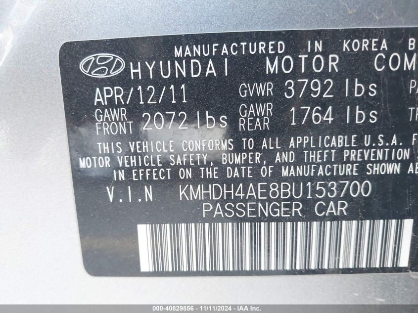 2011 Hyundai Elantra Gls (Ulsan Plant) VIN: KMHDH4AE8BU153700 Lot: 40829856