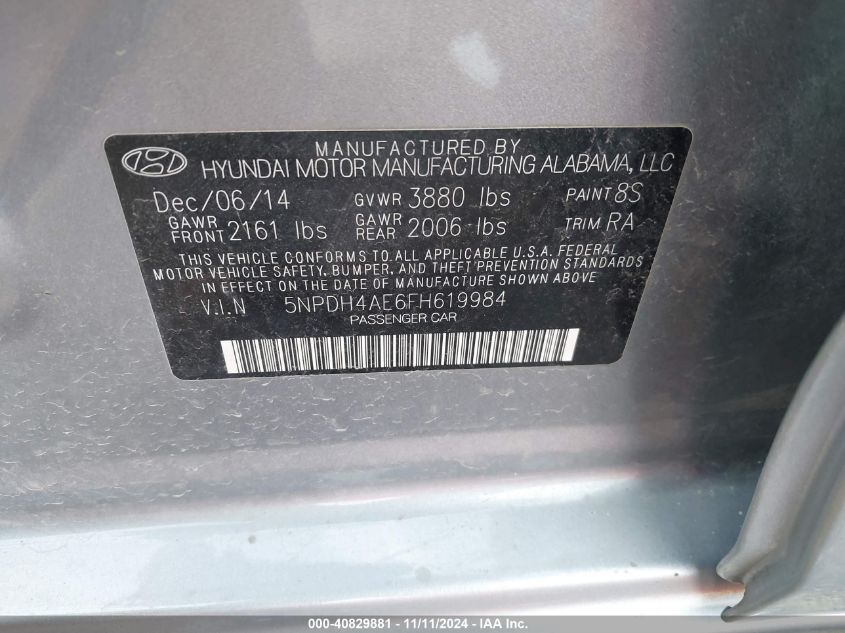 2015 Hyundai Elantra Se VIN: 5NPDH4AE6FH619984 Lot: 40829881